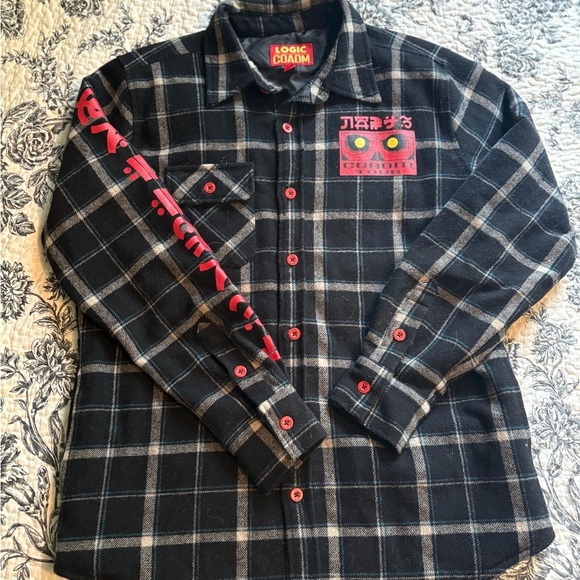Black Plaid Men's Shirt with Red Accents - Picture 1 of 10